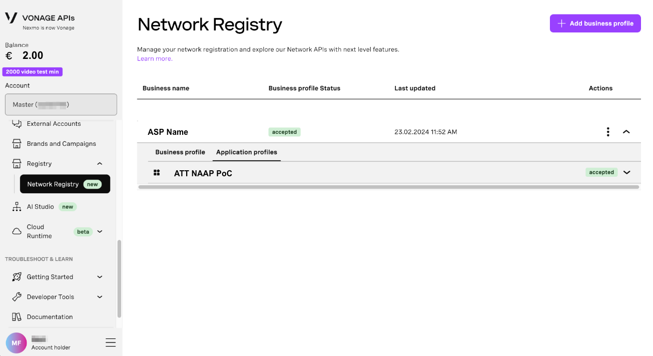 Vonage Developer Dashboard