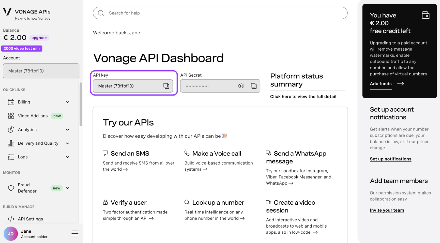 Vonage Developer Dashboard