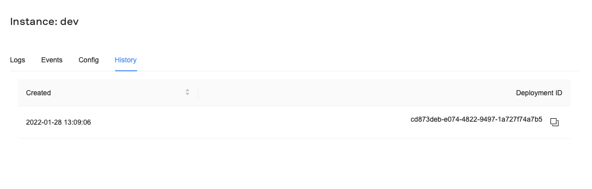Screenshot of an instance's history page