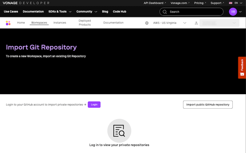 Import a GitHub repository into a workspace here