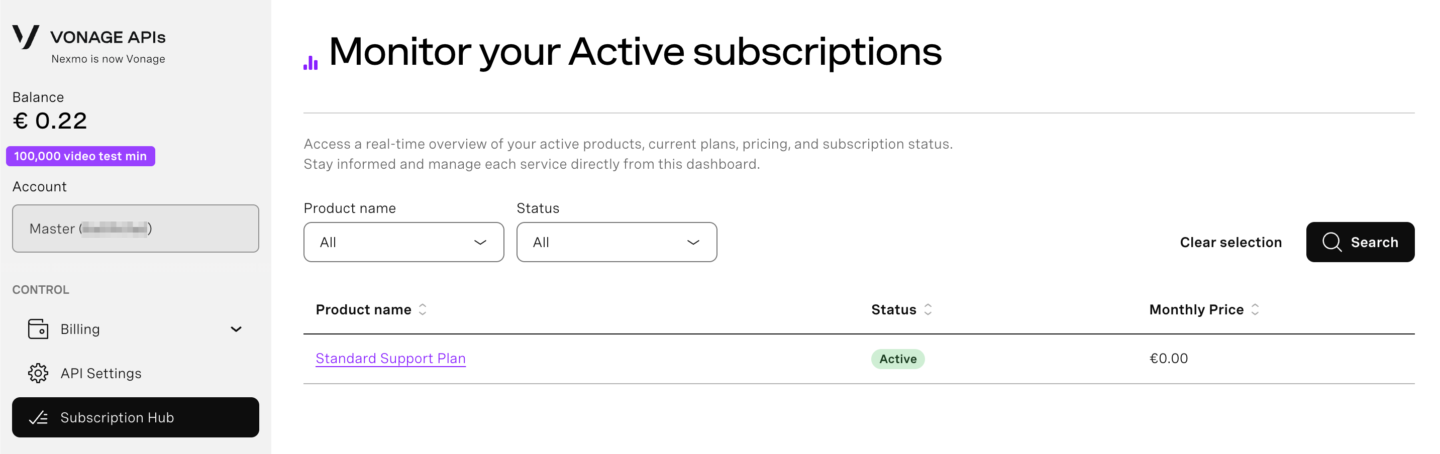 The Vonage Subscription Hub showing one active subscription for the Standard Support Plan.