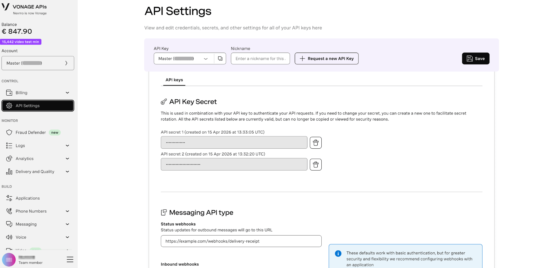 Dashboard API Settings