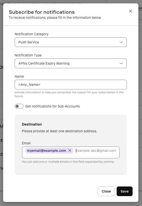 A form on the Vonage dashboard used to create APNs Certificate expiry notifications.