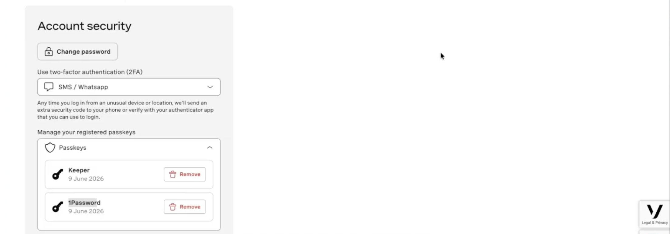 Passkey management dialogue