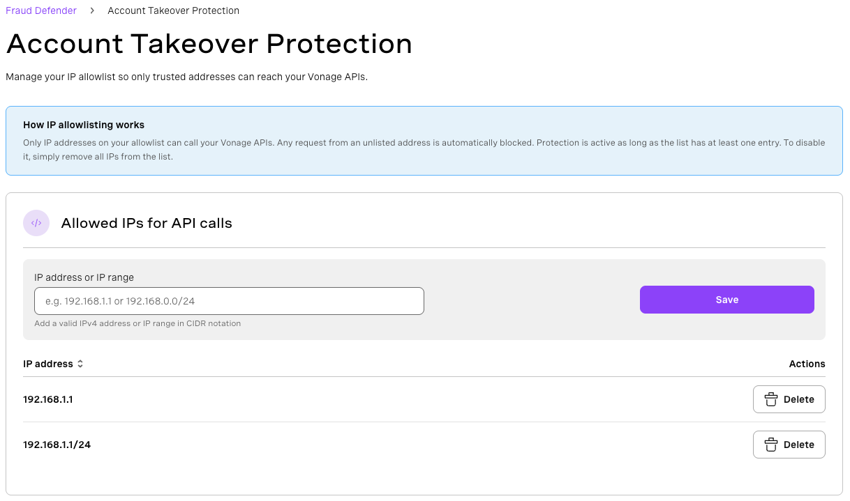 Account Takeover Protection page with the API call IP allowlist