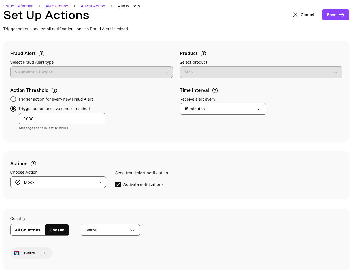 Alert Actions form
