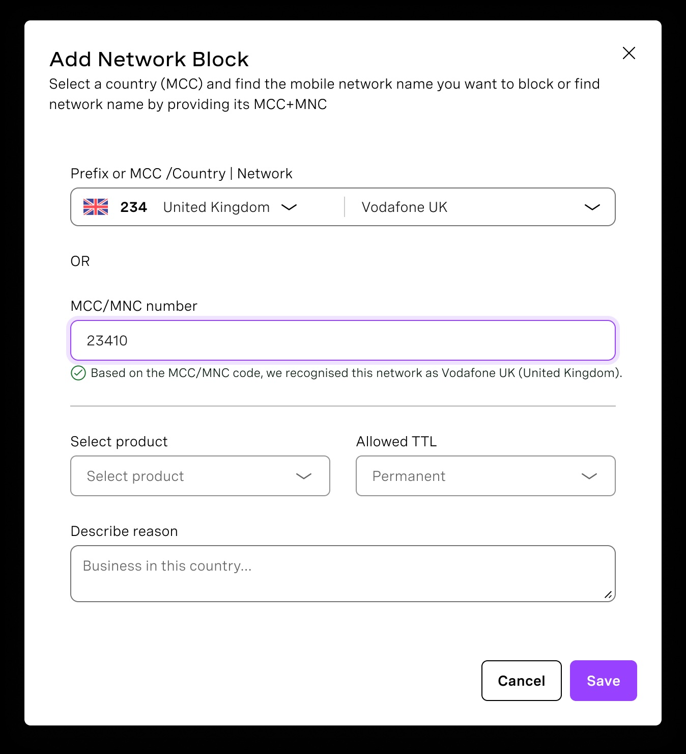Add Network block form