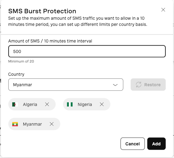 SMS Burst Protection screen