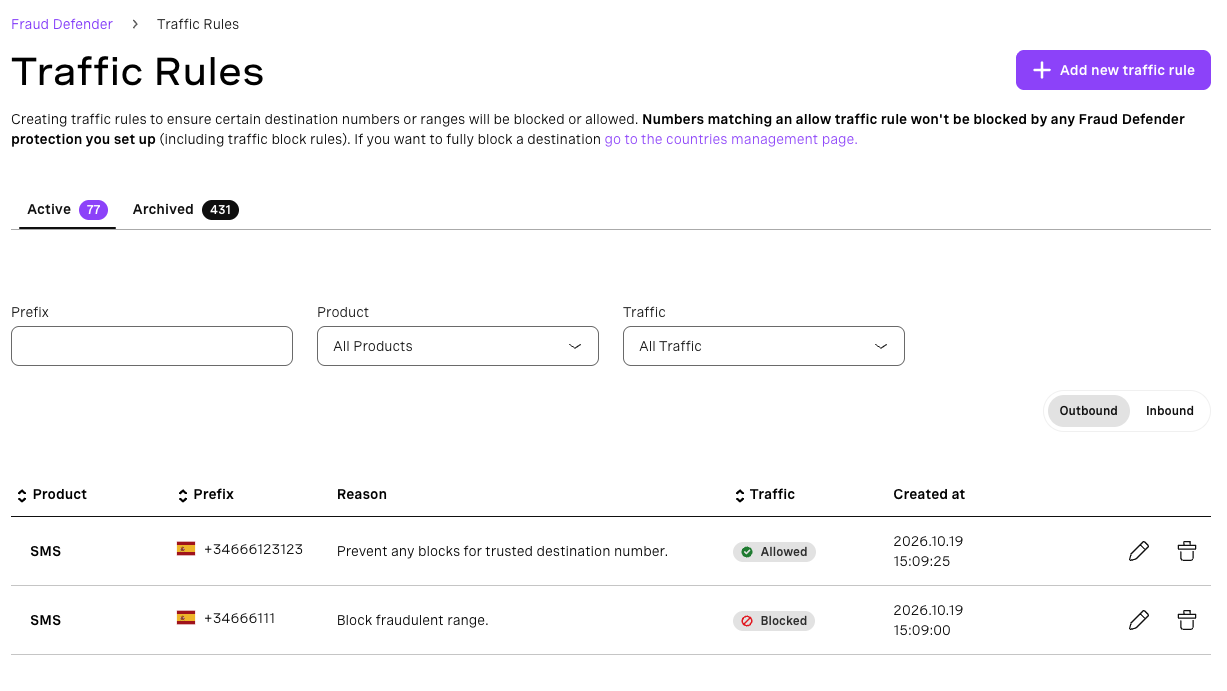 Traffic Rules page in the Fraud Defender dashboard