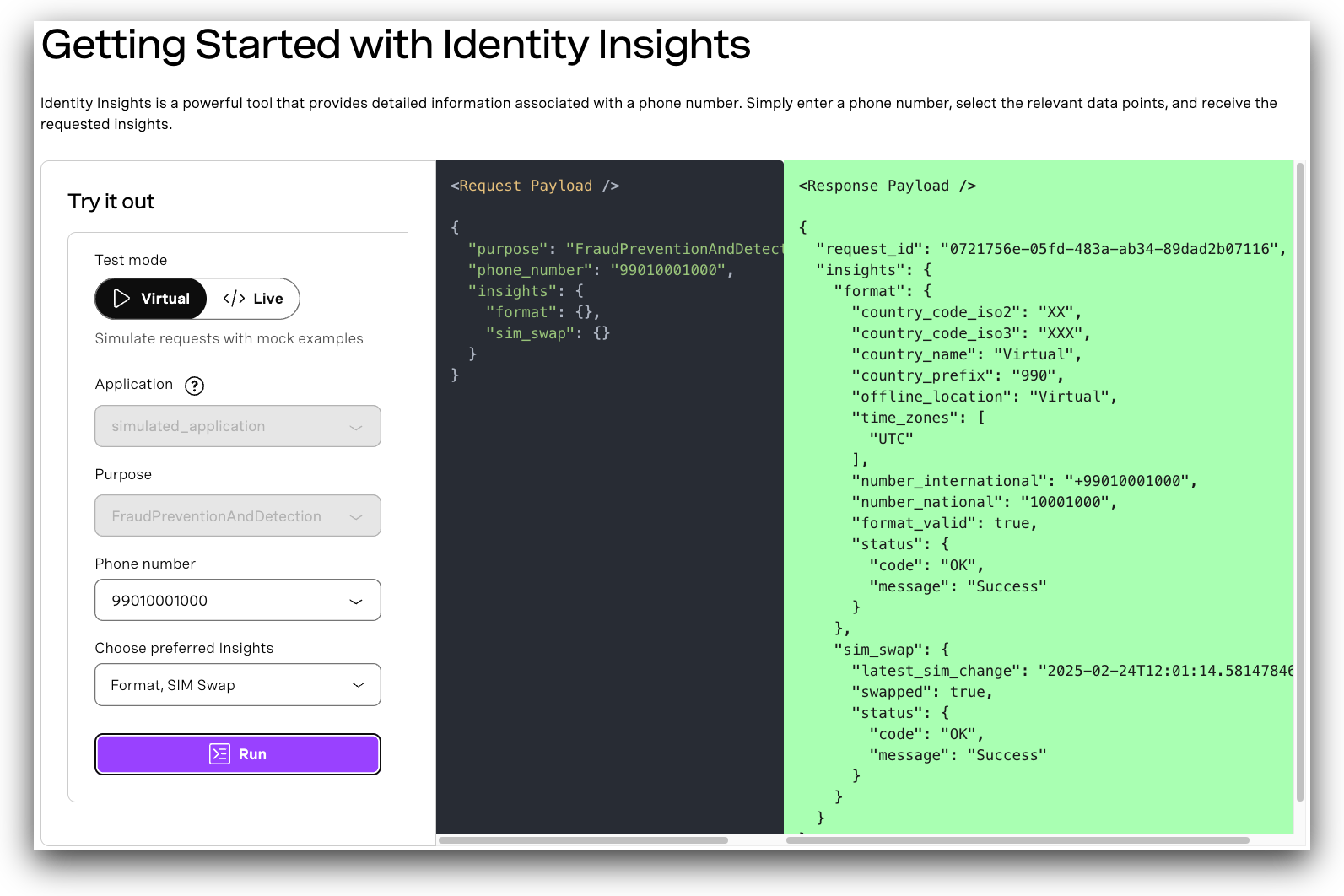 A screenshot showing the Getting Started UI for the Identity Insights API in the Vonage customer dashboard.