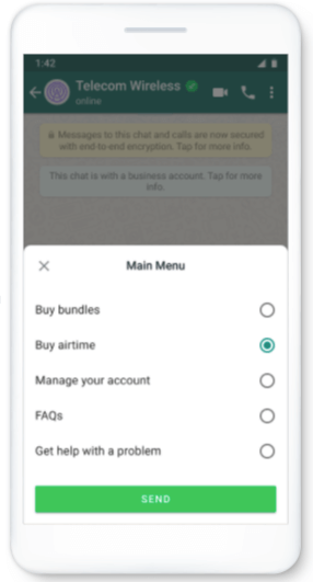 Whatsapp interactive message list displaying a choice of possible actions