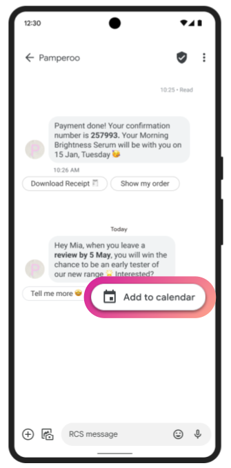 An example of an RCS conversation with a prompt to add an event to the user's calendar.