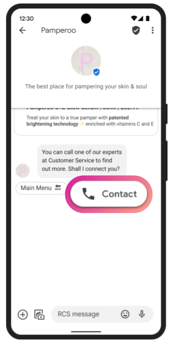 An example of an RCS conversation with a prompt to dial a phone number.
