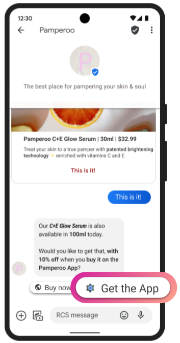 An example of an RCS conversation with a suggested action.