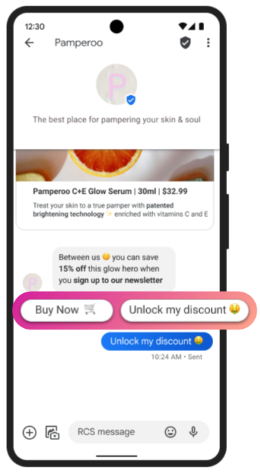 An example of an RCS conversation with a suggested reply.