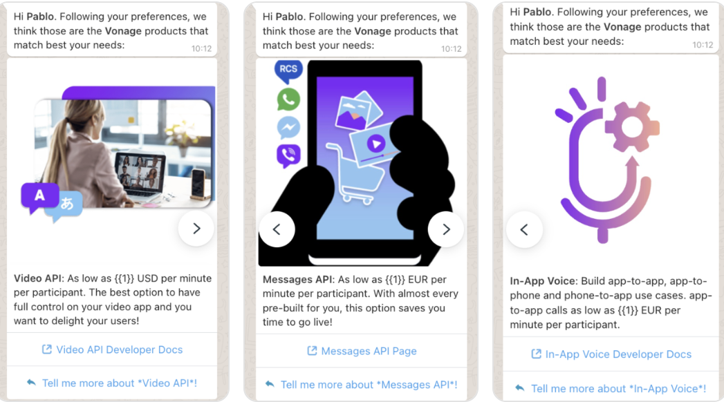 An example WhatsApp message showing a product recommendation card for the Vonage Video API.
