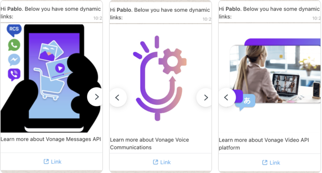 An example WhatsApp message showing a link to more information about the Vonage Communication APIs.