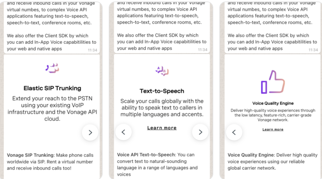 An example WhatsApp message showing some information about SIP Trunking, followed by a link to the related documentation.