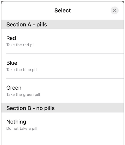 Whatsapp interactive list message displaying a choice of various options in two sections