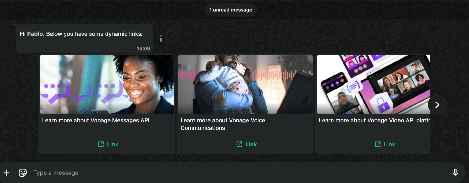An example WhatsApp message showing a product recommendation card with link.