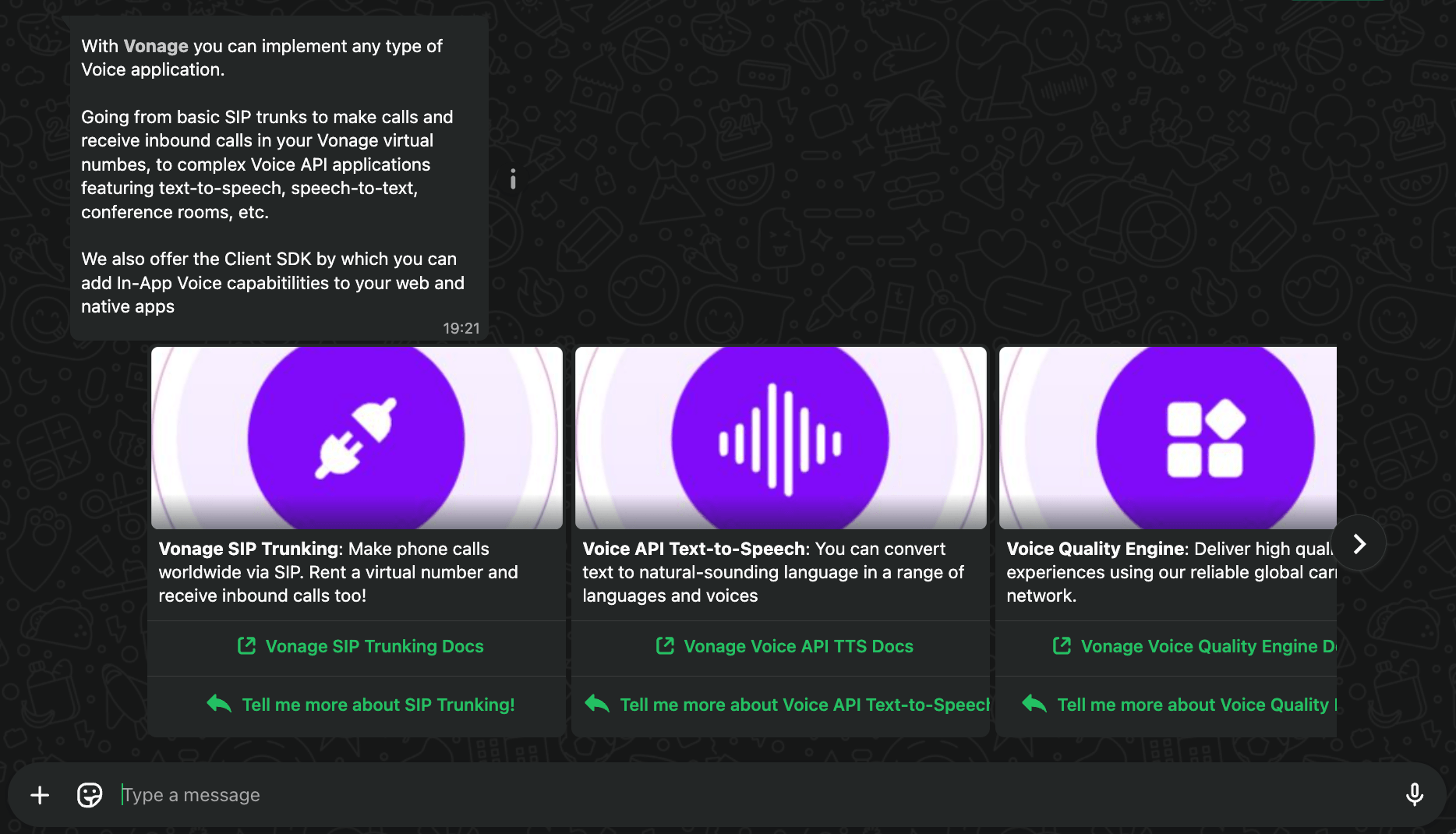 An example WhatsApp message showing a product recommendation card with quick reply.