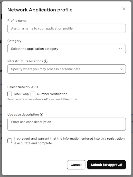 The form to submit an application profile on the Vonage dashboard.