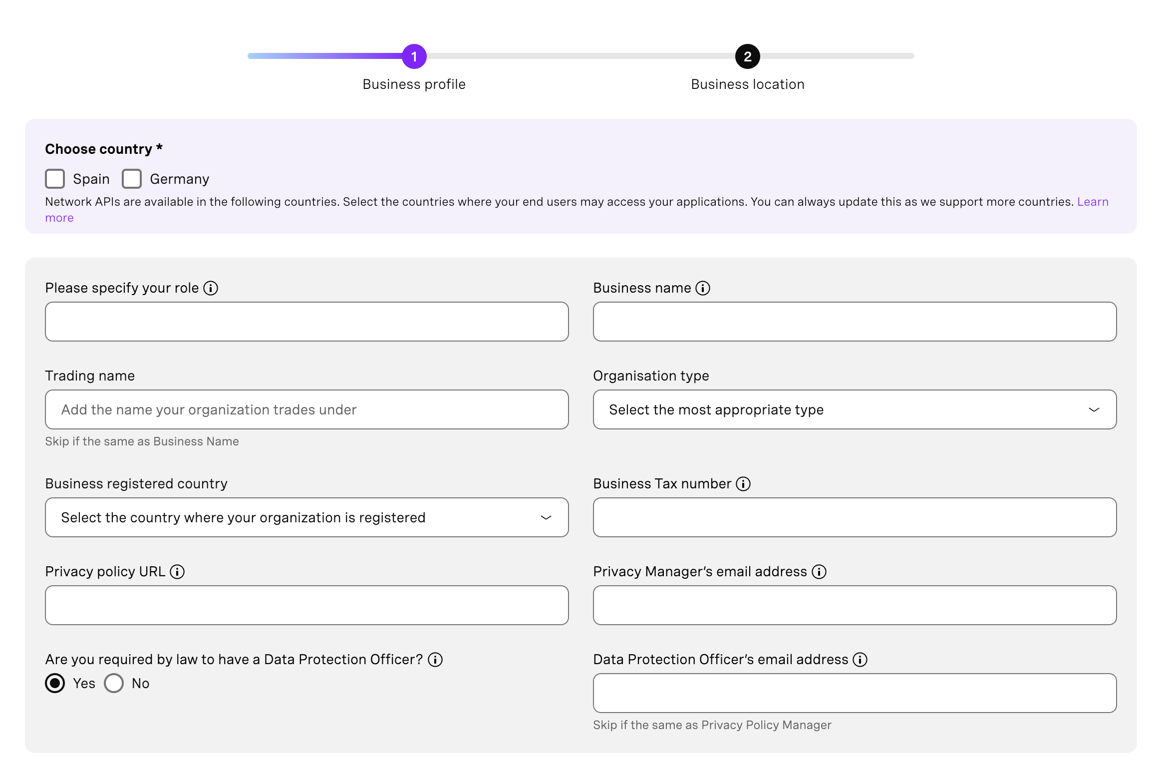 Select countries where service is required by ticking the boxes.