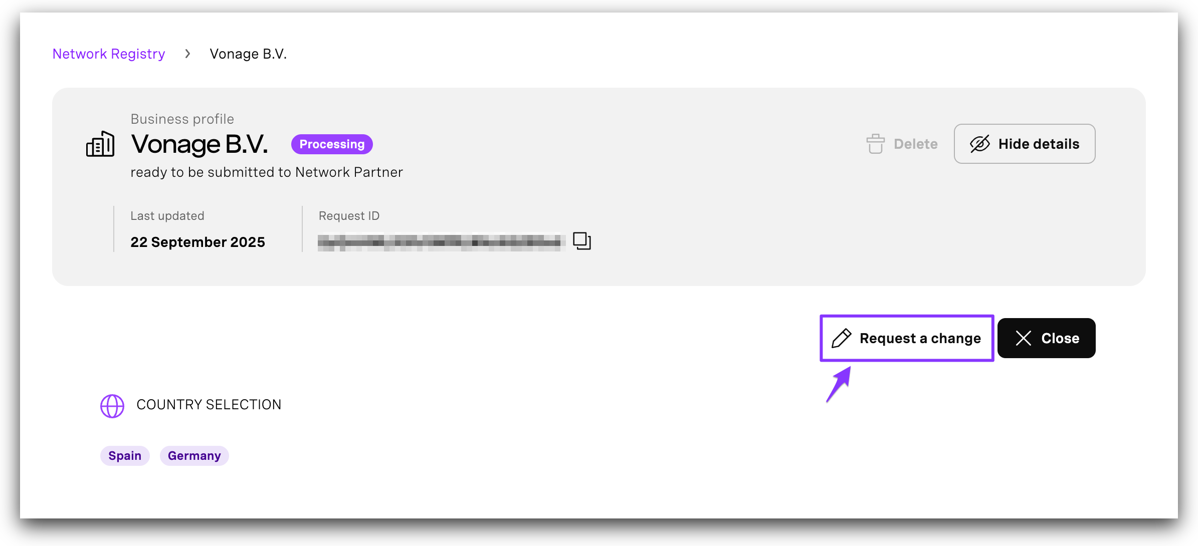 The button to request a change in the Network Registry