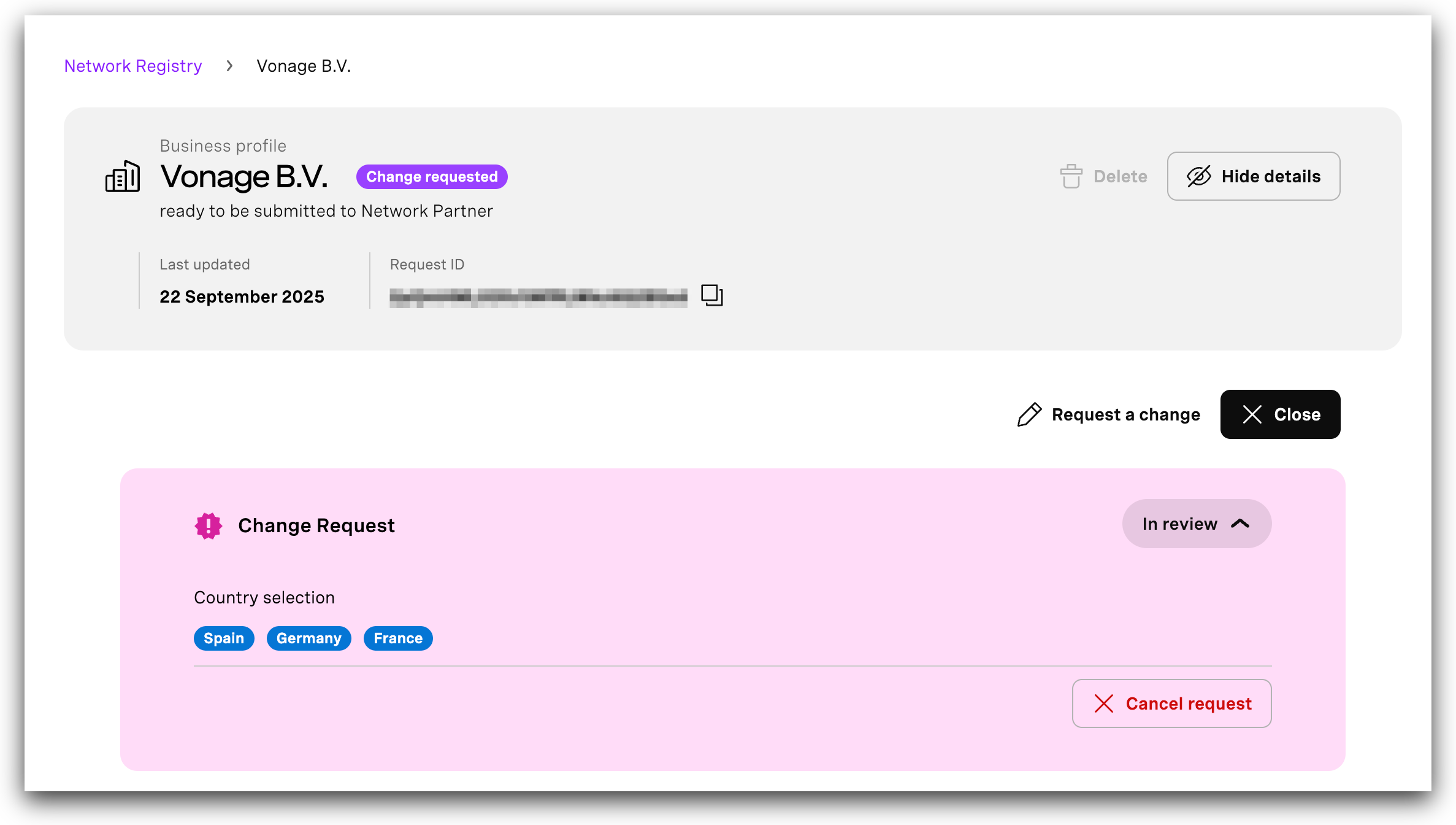 An example change request to add a new country
