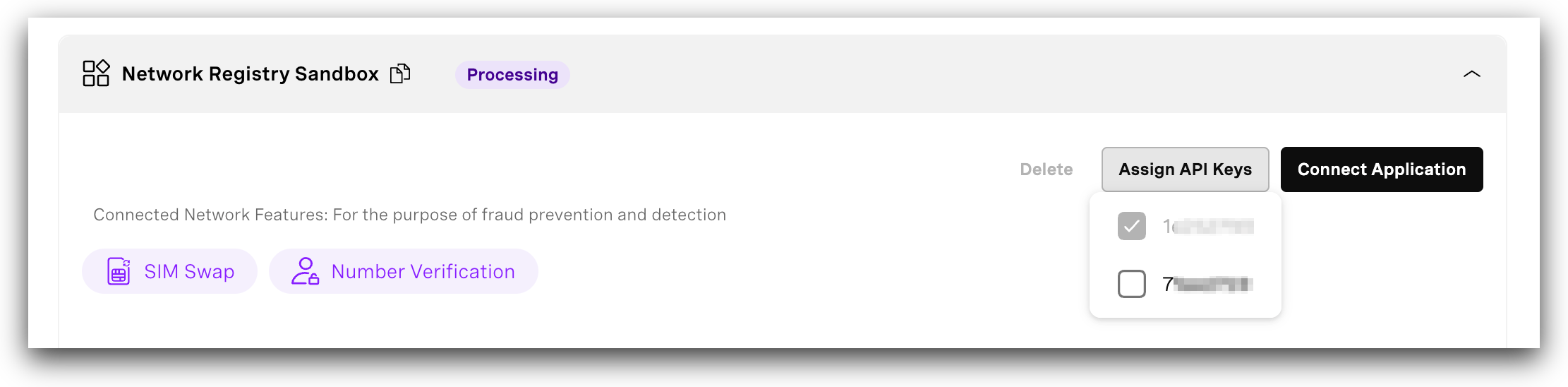 The Assign API Keys drop down in the Vonage dashboard