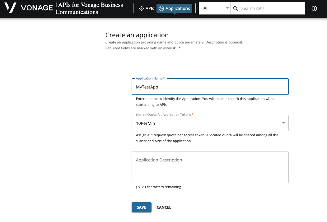 Screenshot showing the Create an Application dialog