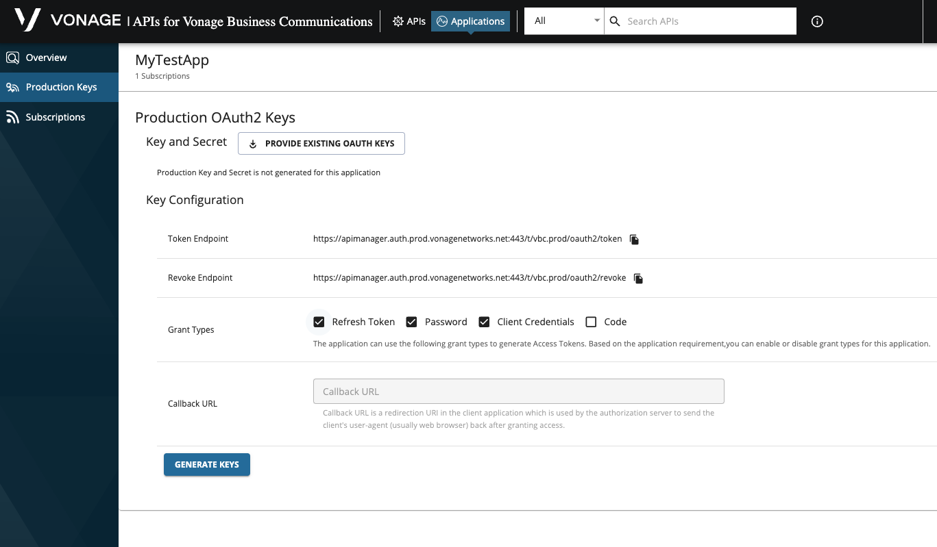 Screenshot showing the Production Keys tab of the My Applications page