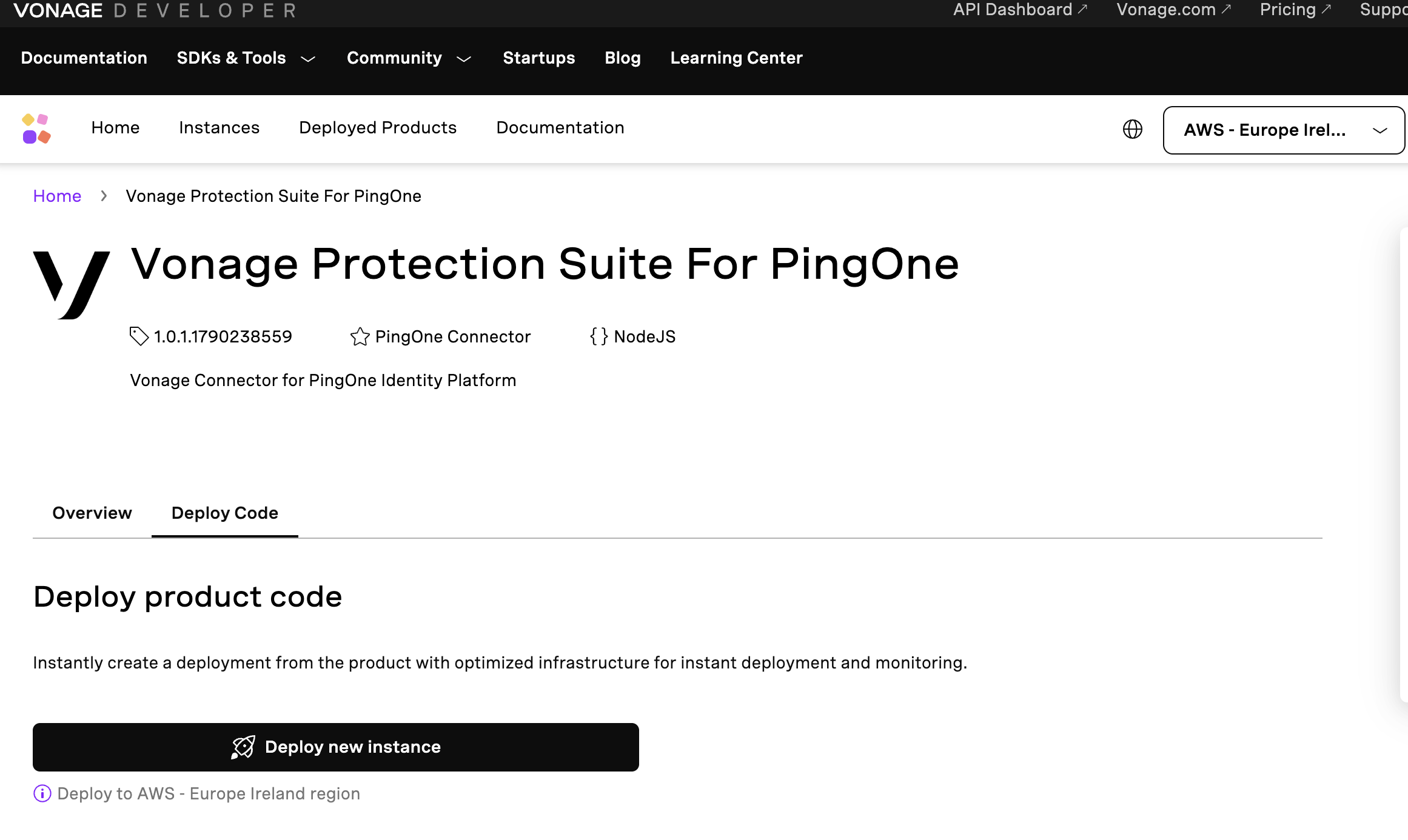 Vonage Protection Suite for PingOne deploy instance step 2