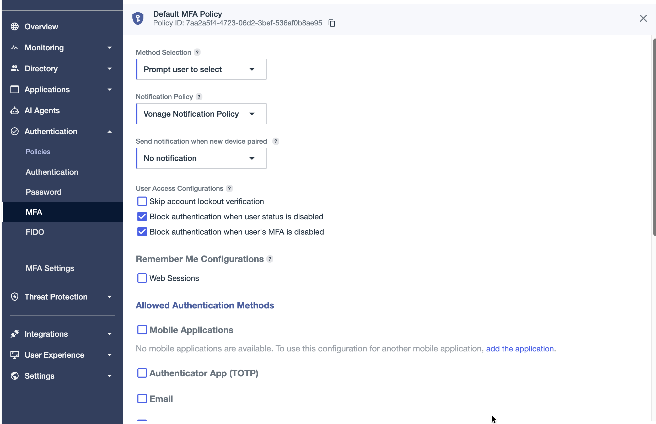 Vonage Protection Suite for PingOne Configure the MFA Policy