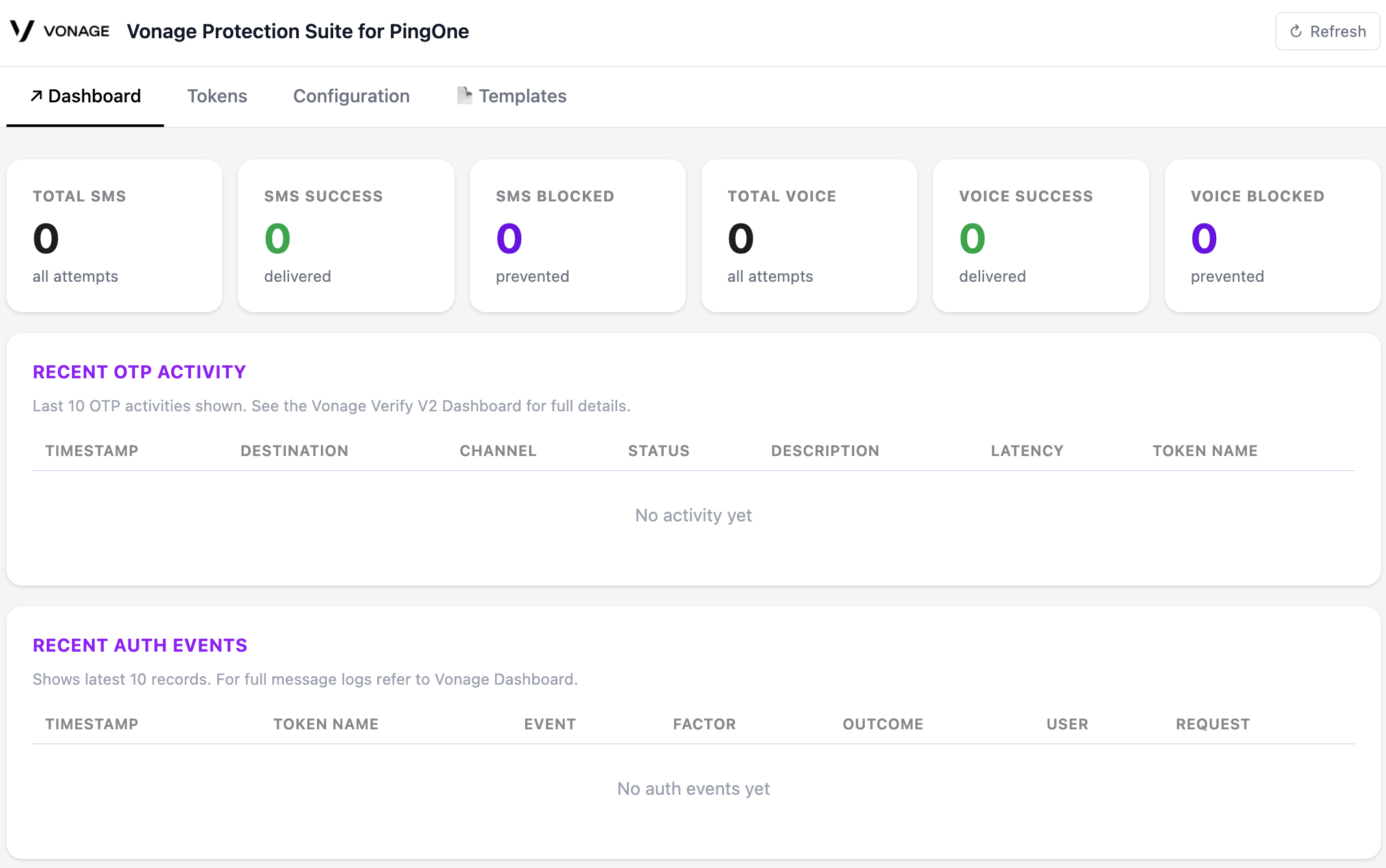 Vonage Protection Suite for PingOne Dashboard Tab