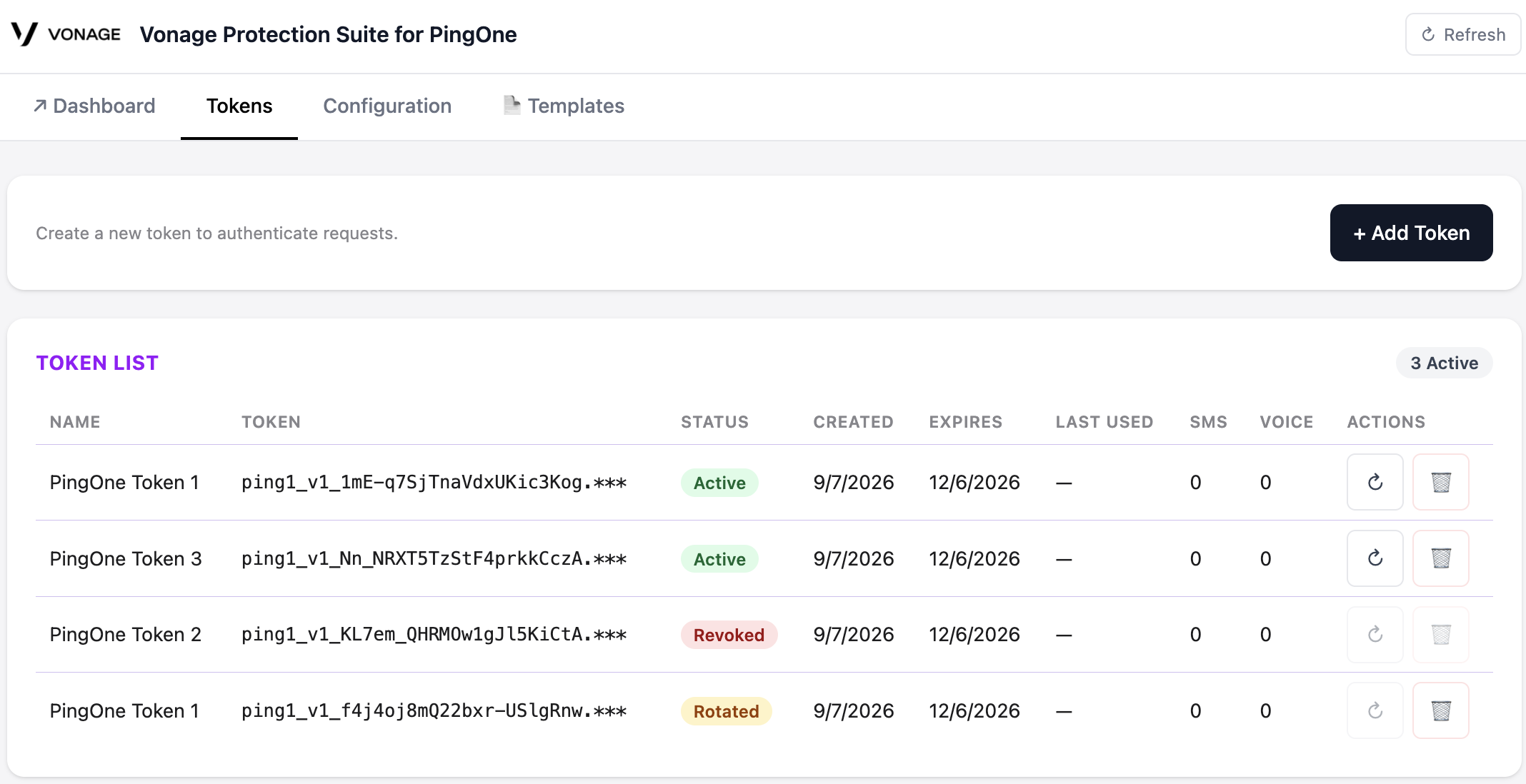 Vonage Protection Suite for PingOne Tokens Tab