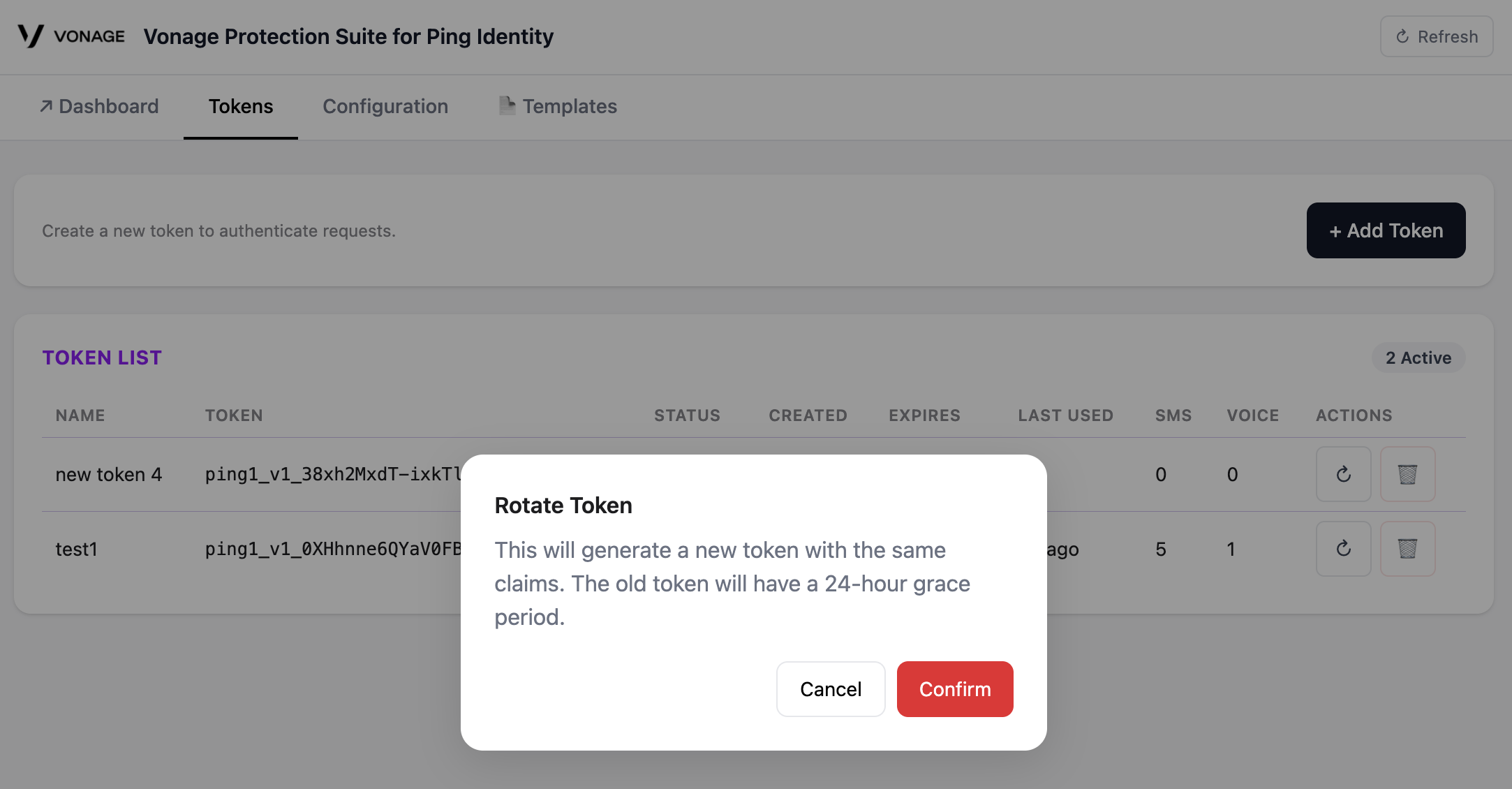 Vonage Protection Suite for PingOne Rotate Token