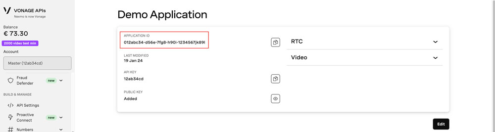 Screenshot of dashboard with Application ID highlighted