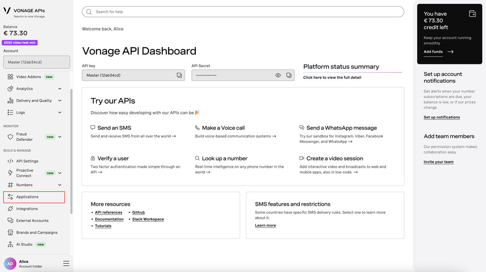 Screenshot of dashboard with Applications highlighted