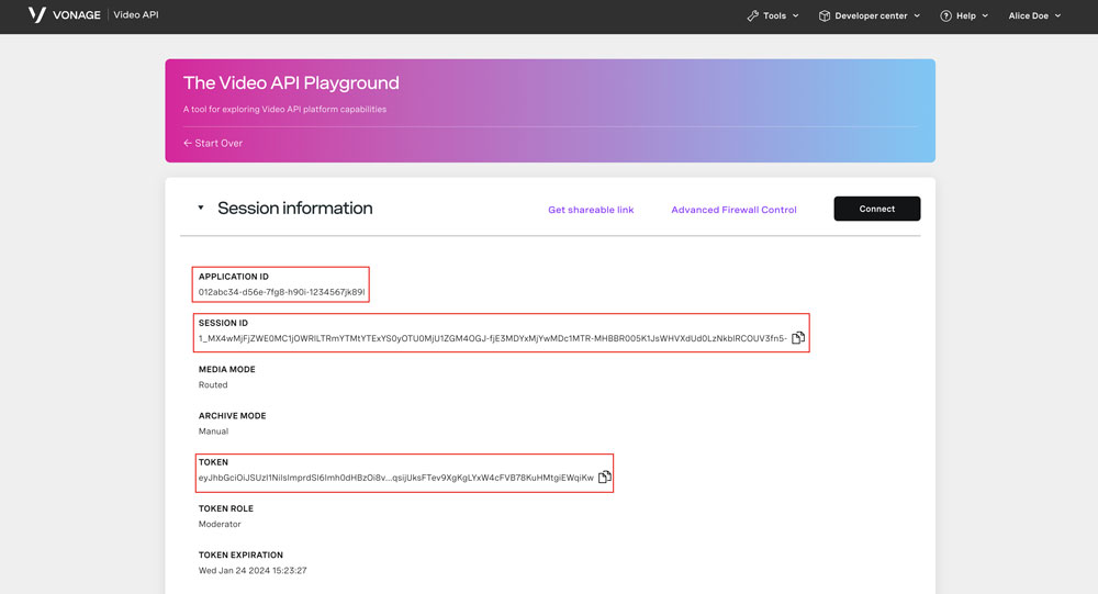 Screenshot of The Video API Playground tool generated details with the Application ID, Session ID, and Token highlighted in red boxes