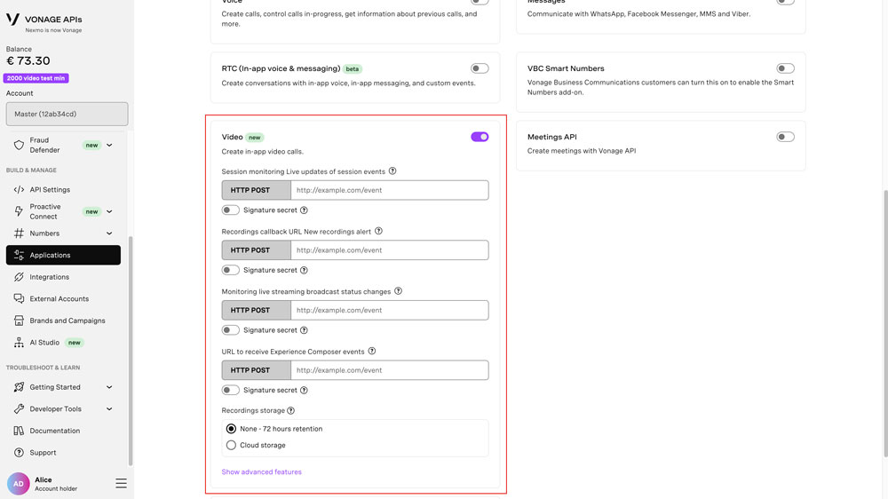 Screenshot of dashboard with Video section highlighted