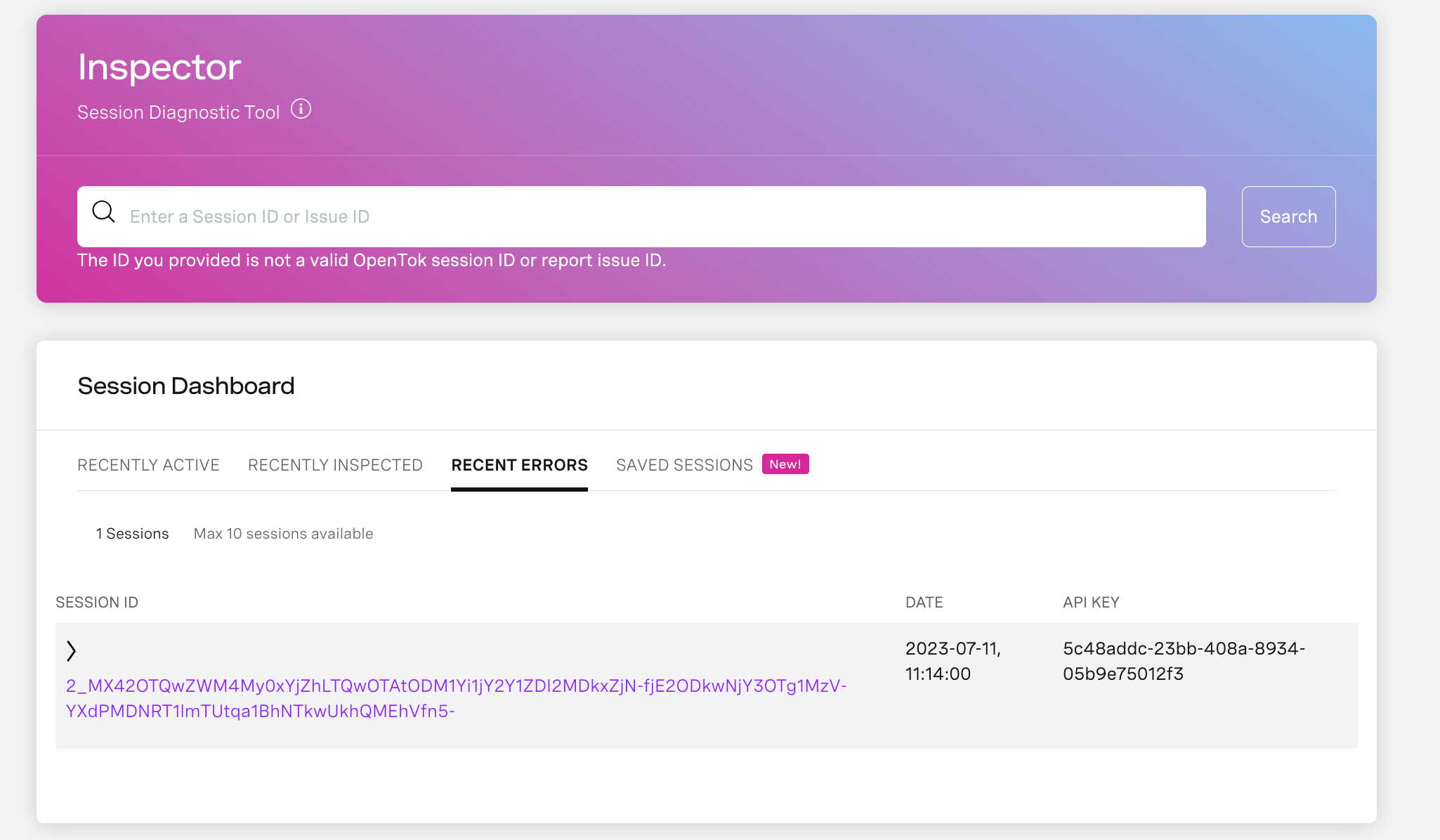 Search for sessions with the session dashboard