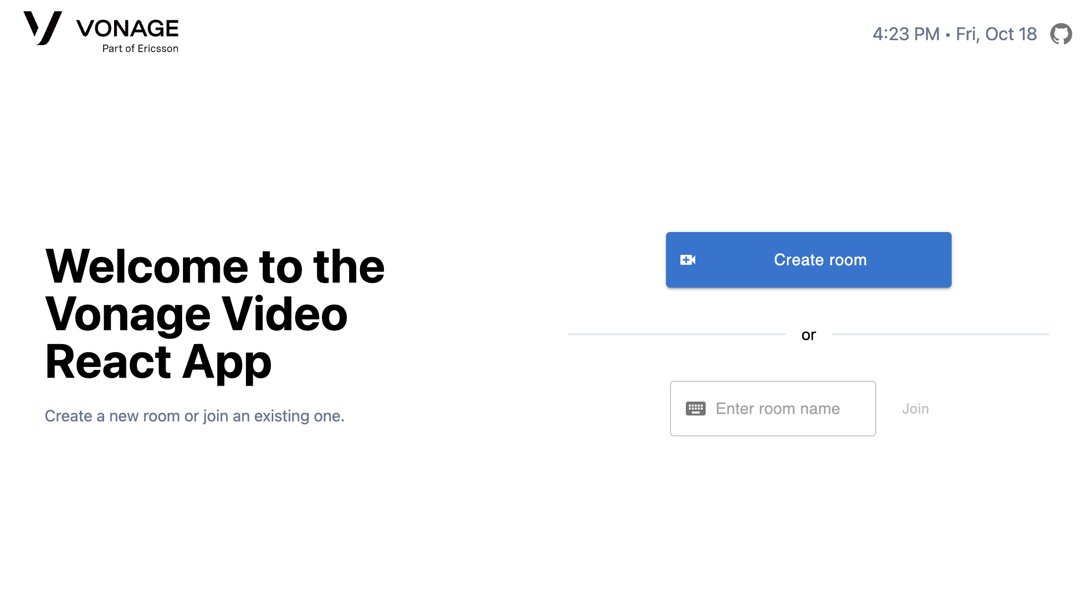 The homescreen of the Vonage Video API Reference App for React, showing buttons for creating or joining a room.