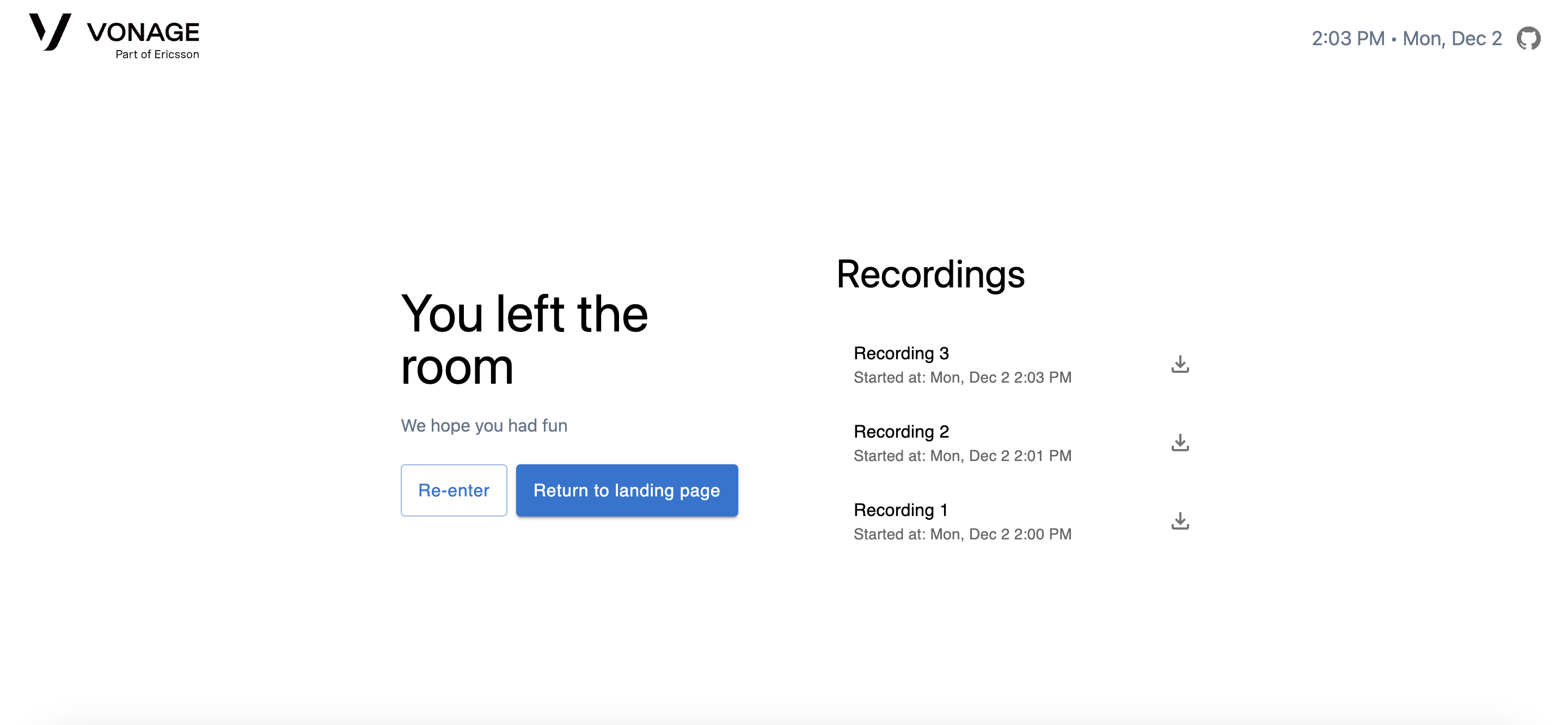 A screenshot showing a call that's ended, with a list of recordings that are available to download.