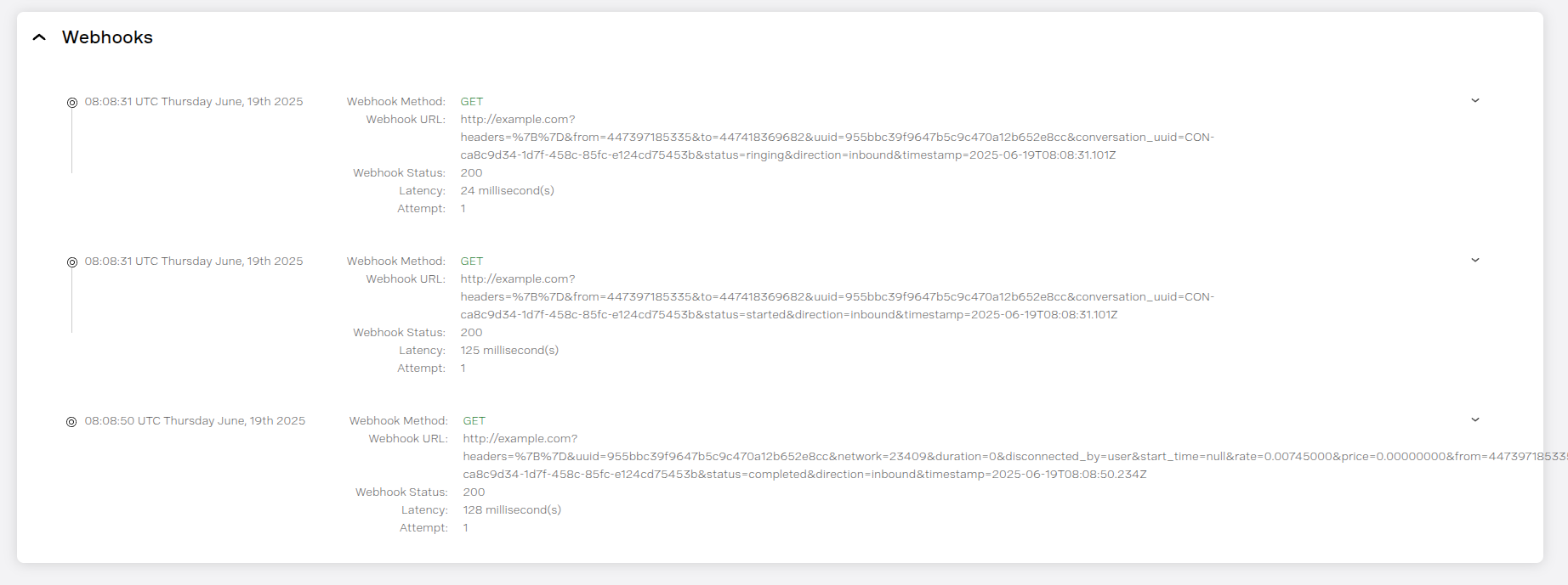 The webhooks section of the Voice Inspector dashboard.