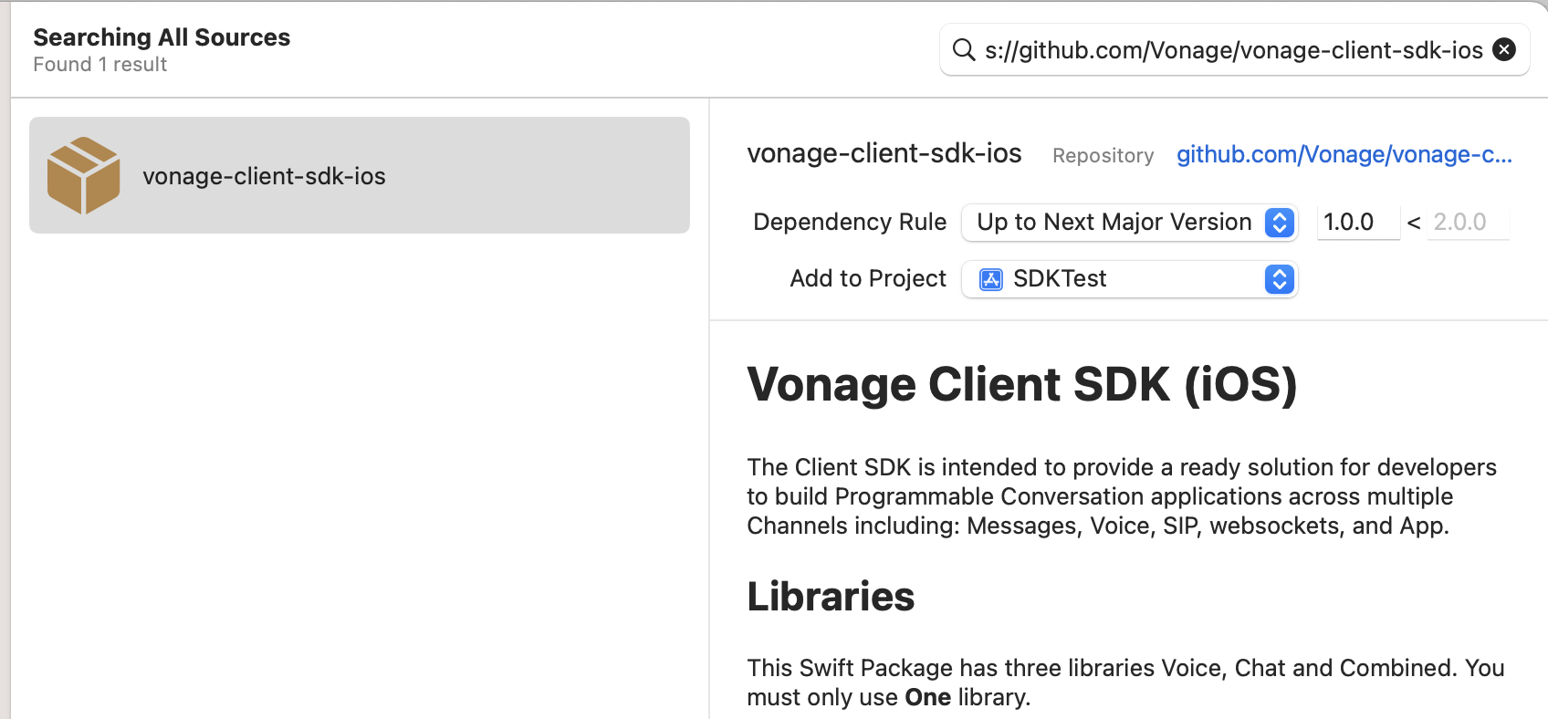 Vonage Client SDK version