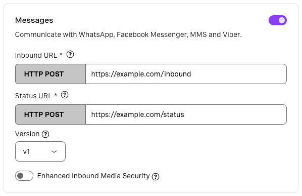 UI for Messages webhook and version settings