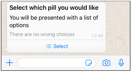 Whatsapp interactive list message displaying a select button to display the options