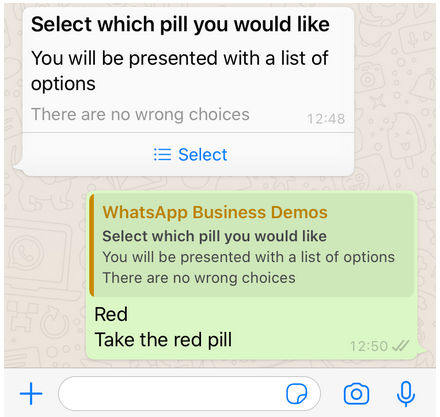 Whatsapp interactive list message displaying a choice of various options in two sections