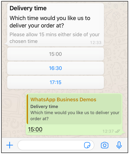 Whatsapp interactive message reply buttons displaying chosen option